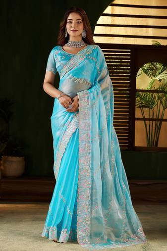 Skyblue jimmy choo fabric saree with multi thread embroidered work for women