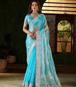 Skyblue jimmy choo fabric saree with multi thread embroidered work for women