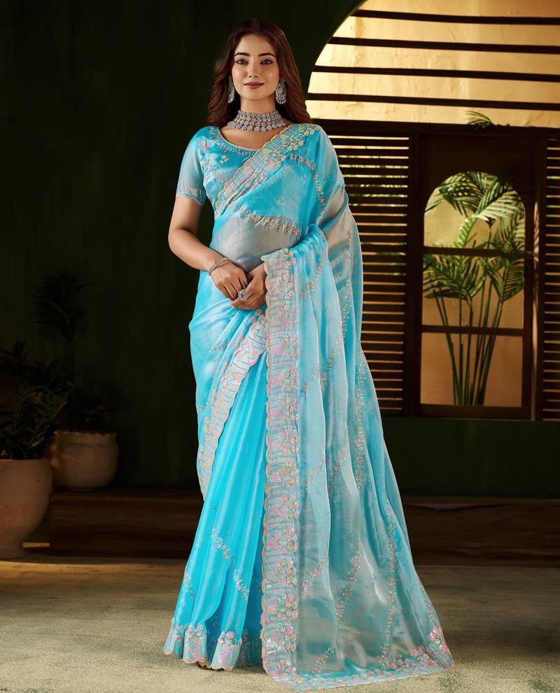 Skyblue jimmy choo fabric saree with multi thread embroidered work for women