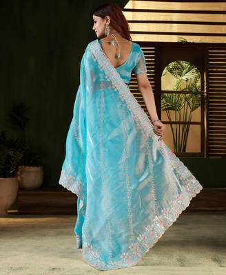 Skyblue jimmy choo fabric saree with multi thread embroidered work for women 2