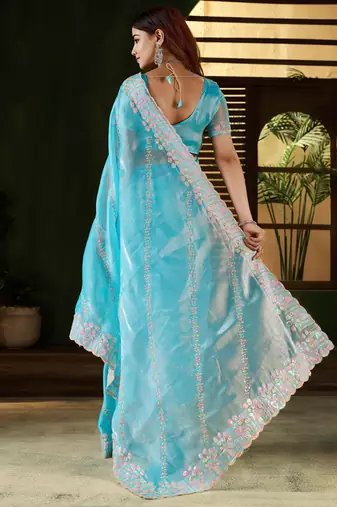 Skyblue jimmy choo fabric saree with multi thread embroidered work for women