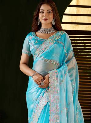 Skyblue jimmy choo fabric saree with multi thread embroidered work for women 3