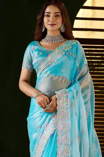 Skyblue jimmy choo fabric saree with multi thread embroidered work for women