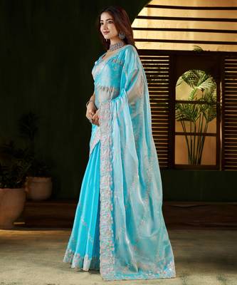 Skyblue jimmy choo fabric saree with multi thread embroidered work for women 4