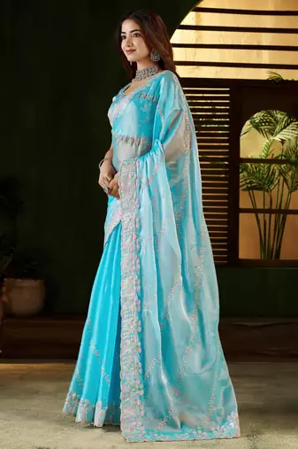 Skyblue jimmy choo fabric saree with multi thread embroidered work for women