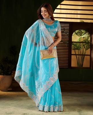 Skyblue jimmy choo fabric saree with multi thread embroidered work for women 5