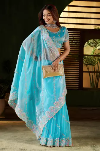 Skyblue jimmy choo fabric saree with multi thread embroidered work for women