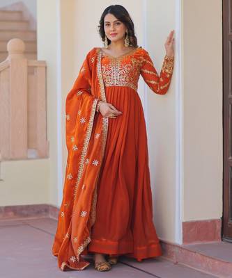Orange silk readymade anarkali suit with embroidery & zari sequin  work 1