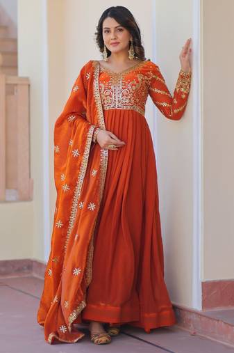 Orange silk readymade anarkali suit with embroidery & zari sequin  work