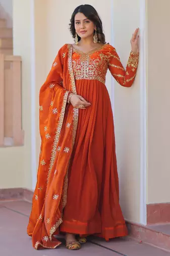 Orange silk readymade anarkali suit with embroidery & zari sequin  work