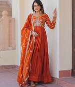Orange silk readymade anarkali suit with embroidery & zari sequin  work