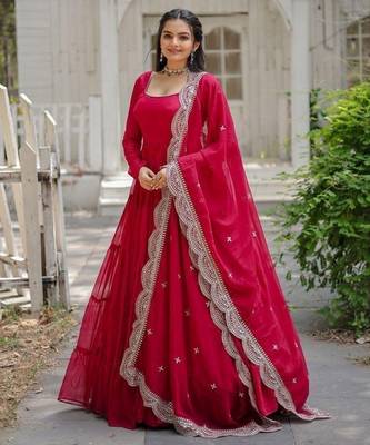 Red faux georgette readymade anarkali suit with embroidery & sequin  work 2