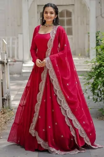 Red faux georgette readymade anarkali suit with embroidery & sequin  work
