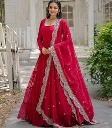 Red faux georgette readymade anarkali suit with embroidery & sequin  work
