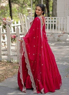 Red faux georgette readymade anarkali suit with embroidery & sequin  work 4
