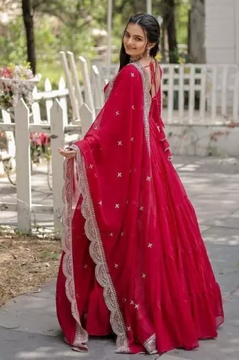 Red faux georgette readymade anarkali suit with embroidery & sequin  work