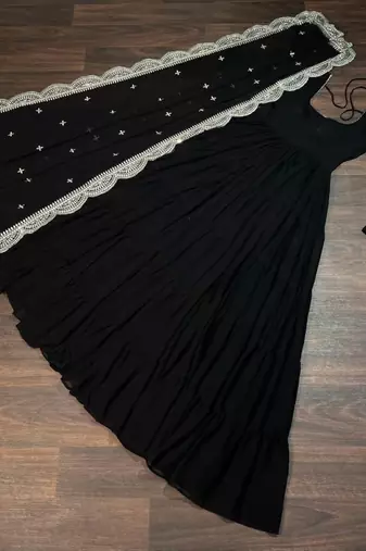 Black faux georgette readymade anarkali suit with embroidery & sequin  work