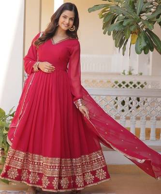 Red faux georgette readymade anarkali suit with embroidery & sequin  work 2