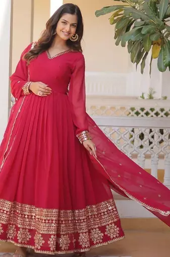 Red faux georgette readymade anarkali suit with embroidery & sequin  work