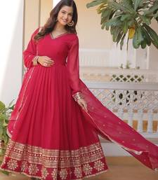 Red faux georgette readymade anarkali suit with embroidery & sequin  work