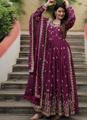 Maroon chinon readymade suit with embroidery & sequin  work 5