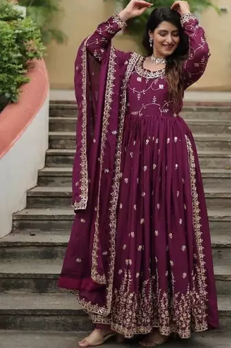 Maroon chinon readymade suit with embroidery & sequin  work