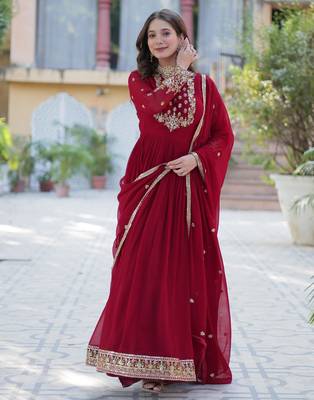 Maroon faux georgette readymade anarkali suit with embroidery & sequin  work 2