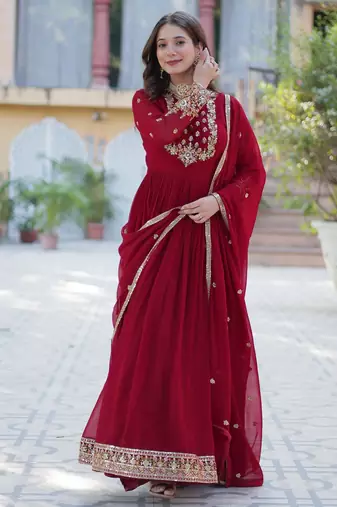 Maroon faux georgette readymade anarkali suit with embroidery & sequin  work