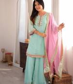 Sky mint sequins & zari embroidered organza silk sharara suit set with organza dupatta