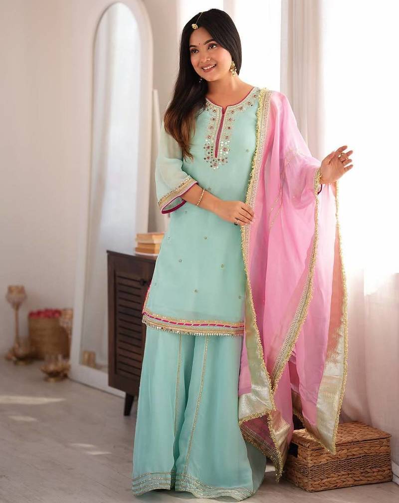 Sky mint sequins & zari embroidered organza silk sharara suit set with organza dupatta