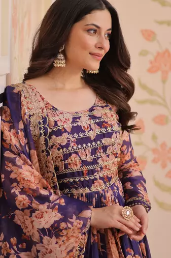 Violet silk readymade anarkali suit with embroidery & sequin  work