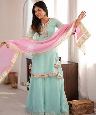 Sky mint sequins & zari embroidered organza silk sharara suit set with organza dupatta 2