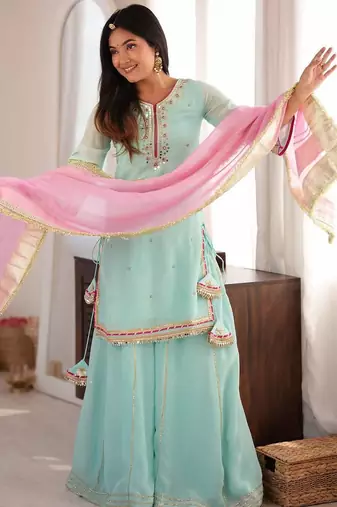 Sky mint sequins & zari embroidered organza silk sharara suit set with organza dupatta