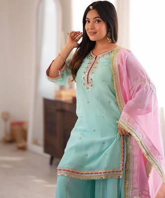 Sky mint sequins & zari embroidered organza silk sharara suit set with organza dupatta 3
