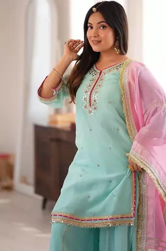 Sky mint sequins & zari embroidered organza silk sharara suit set with organza dupatta