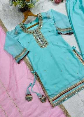 Sky mint sequins & zari embroidered organza silk sharara suit set with organza dupatta 4