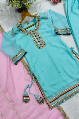 Sky mint sequins & zari embroidered organza silk sharara suit set with organza dupatta