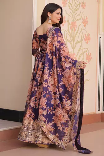 Violet silk readymade anarkali suit with embroidery & sequin  work