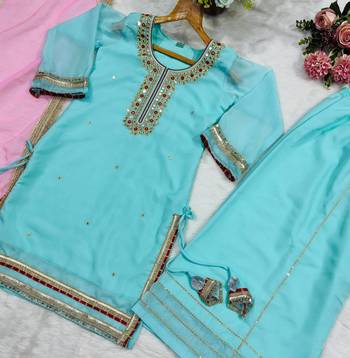 Sky mint sequins & zari embroidered organza silk sharara suit set with organza dupatta 5
