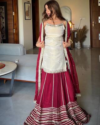Wine sequins & zari embroidered vichitra silk lehenga choli set with blooming dupatta 2