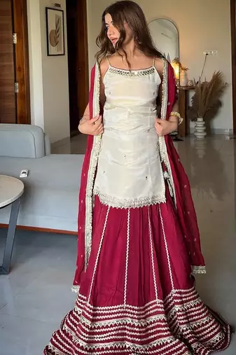 Wine sequins & zari embroidered vichitra silk lehenga choli set with blooming dupatta
