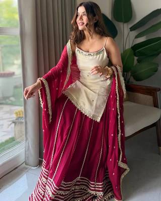Wine sequins & zari embroidered vichitra silk lehenga choli set with blooming dupatta 3