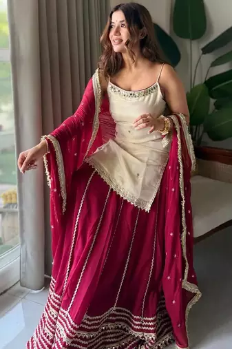 Wine sequins & zari embroidered vichitra silk lehenga choli set with blooming dupatta