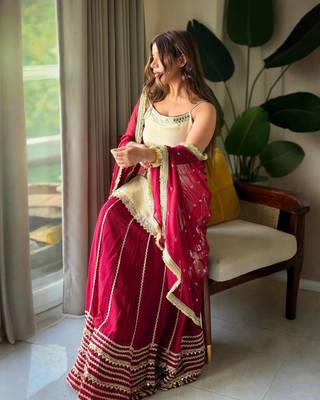 Wine sequins & zari embroidered vichitra silk lehenga choli set with blooming dupatta 4