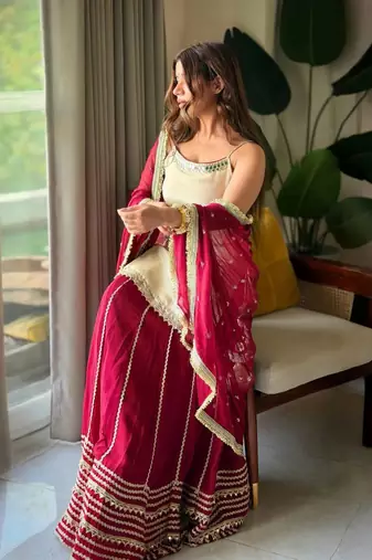 Wine sequins & zari embroidered vichitra silk lehenga choli set with blooming dupatta