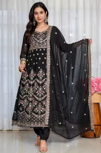 Designer black faux blooming anarkali gown with heavy zari embroidery & moti lace