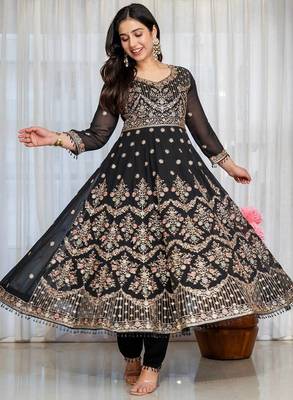 Designer black faux blooming anarkali gown with heavy zari embroidery & moti lace 2