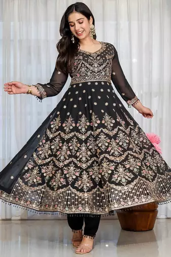 Designer black faux blooming anarkali gown with heavy zari embroidery & moti lace