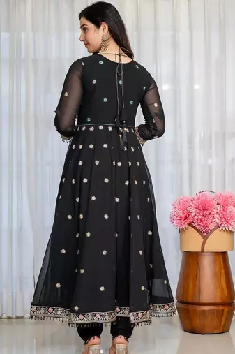 Designer black faux blooming anarkali gown with heavy zari embroidery & moti lace