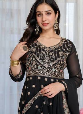 Designer black faux blooming anarkali gown with heavy zari embroidery & moti lace 4